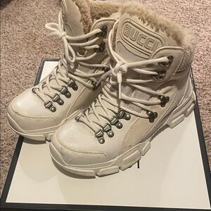 Gucci Cream Fur-Lined Lace-Up Boots